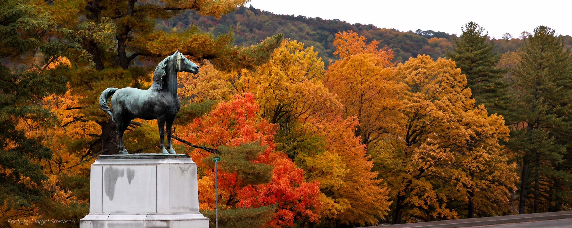 The Morgan horse statue framed by a panoramic Vermont autumn landscape